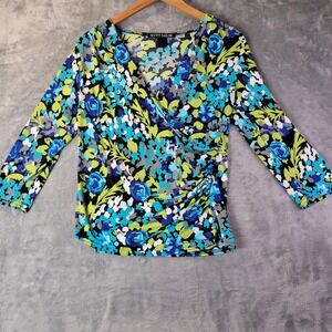 Scott Taylor Womens Floral Wrap Top Blue Green‎ Abstract Stretch Career Office